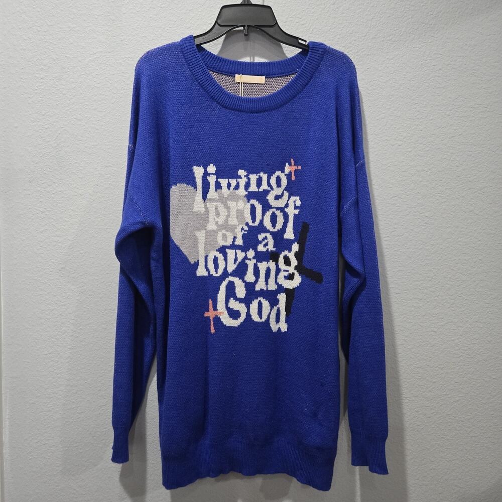 GLO 2X Blue Living Proof Jacquard Sweater Gods Love Overcomes